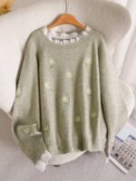 Elorivane Plus Size Knit Sweater, Daisy Ruffle Patchwork French Style, Embroidered Trim Versatile Autumn Winter Pullover Top