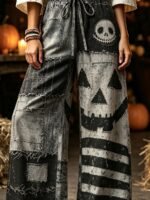 Elorivane Plus Size Women Halloween Pumpkin Spider Web Drawstring Wide Leg Pants, Retro Printed Trousers - Image 3