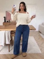 Elorivane Plus Size Open Shoulder Solid Top, Long Sleeve Casual Blouse, Fall Winter Office Daily Going Out Wear - Image 2