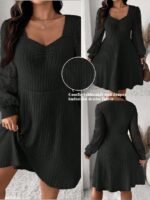 Elorivane Plus Size Sweetheart Neck Dress, Ruched Ribbed Long Sleeve Casual Dress, Fall Wear - Image 7