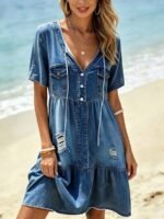 Elorivane Plus Size Women Blue Printed V-Neck Short Sleeve Loose Midi Dress, Summer Daily Casual Outfit - Image 9