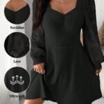 Elorivane Plus Size Sweetheart Neck Dress, Ruched Ribbed Long Sleeve Casual Dress, Fall Wear