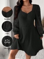 Elorivane Plus Size Sweetheart Neck Dress, Ruched Ribbed Long Sleeve Casual Dress, Fall Wear