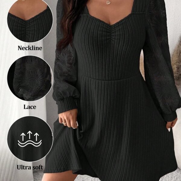 Elorivane Plus Size Sweetheart Neck Dress, Ruched Ribbed Long Sleeve Casual Dress, Fall Wear