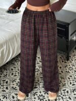 Elorivane Plus Size Plaid Pajama Pants, Elastic Waist Loose Casual Trousers - Image 37