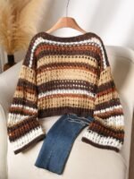 Elorivane Plus Size Blue White Striped Sweater, Hollow Out Boat Neck Cropped Long Sleeve, Fall Winter Loose Top - Image 30