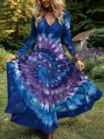 Elorivane Plus Size Women Boho Floral Geometric V-Neck Maxi Dress, Fall Casual Loose Long Sleeve Dress - Image 6