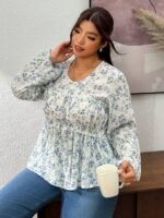Elorivane Plus Size Ditsy Floral Blouse, Round Neck Frill Trim Long Sleeve Shirt, Fall Winter Daily Going Out Top - Image 4