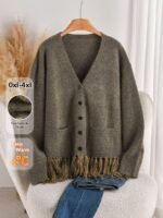 Elorivane Plus Size Fringe Cardigan, French Minimalist Thick Knit Sweater Jacket, Autumn Winter Elegant Casual Outerwear - Image 8