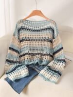 Elorivane Plus Size Blue White Striped Sweater, Hollow Out Boat Neck Cropped Long Sleeve, Fall Winter Loose Top - Image 2