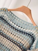 Elorivane Plus Size Blue White Striped Sweater, Hollow Out Boat Neck Cropped Long Sleeve, Fall Winter Loose Top - Image 3