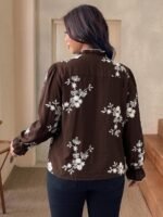 Elorivane Plus Size Brown Floral Embroidered Shirt, Elegant Versatile Top for Office Brunch Evening, Autumn Casual Wear - Image 6