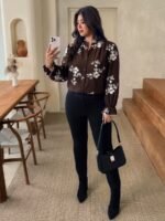 Elorivane Plus Size Brown Floral Embroidered Shirt, Elegant Versatile Top for Office Brunch Evening, Autumn Casual Wear - Image 2