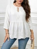 Elorivane Plus Size Navy Blue 90s Vintage Floral Print Peplum Shirt Boho Vacation Top for Summer Casual Wear - Image 16