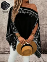 Elorivane Plus Size Women Floral Print Asymmetrical Shoulder Shirt, Fall Daily Casual - Image 7