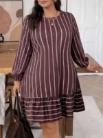Elorivane Plus Size Coffee Brown Striped Dress, Long Sleeve Mini Dress, Fall Casual Outing Top - Image 5