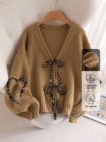 Elorivane Plus Size Apricot Cardigan, Tie-Front Knot, Cute Kawaii Autumn Date Office Sweater