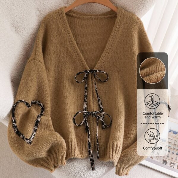 Elorivane Plus Size Apricot Cardigan, Tie-Front Knot, Cute Kawaii Autumn Date Office Sweater