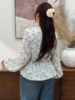 Elorivane Plus Size Ditsy Floral Blouse, Round Neck Frill Trim Long Sleeve Shirt, Fall Winter Daily Going Out Top - Image 2