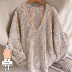 Elorivane Plus V-Neck Colorful Chunky Knit Pullover Sweater, Winter Top