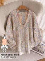 Elorivane Plus V-Neck Colorful Chunky Knit Pullover Sweater, Winter Top