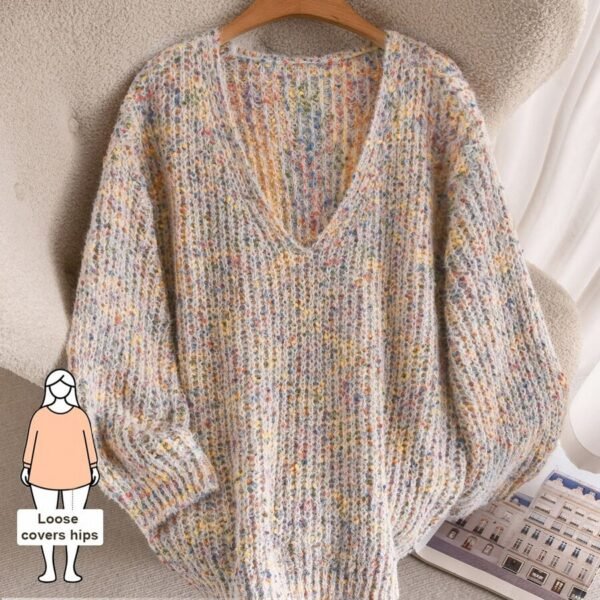 Elorivane Plus V-Neck Colorful Chunky Knit Pullover Sweater, Winter Top