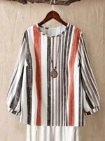 Elorivane Plus Size Vertical Striped Loose Lantern Sleeve Blouse Autumn - Image 4
