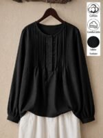 Elorivane Plus Size Women's Black Pure Cotton Crew Neck Long Sleeve Shirt, Casual Striped Detail Top - Image 3