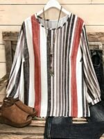Elorivane Plus Size Vertical Striped Loose Lantern Sleeve Blouse Autumn - Image 6