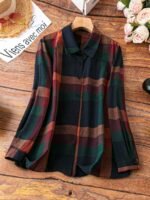 Elorivane Plus Size Women's Plaid Button Down Long Sleeve Shirt, Casual Everyday Fall Wear Blouse