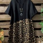 Elorivane Plus Size Women's Leopard Print Round Neck Short Sleeve Splicing Dress, Casual Summer Outfit