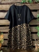 Elorivane Plus Size Women's Leopard Print Round Neck Short Sleeve Splicing Dress, Casual Summer Outfit