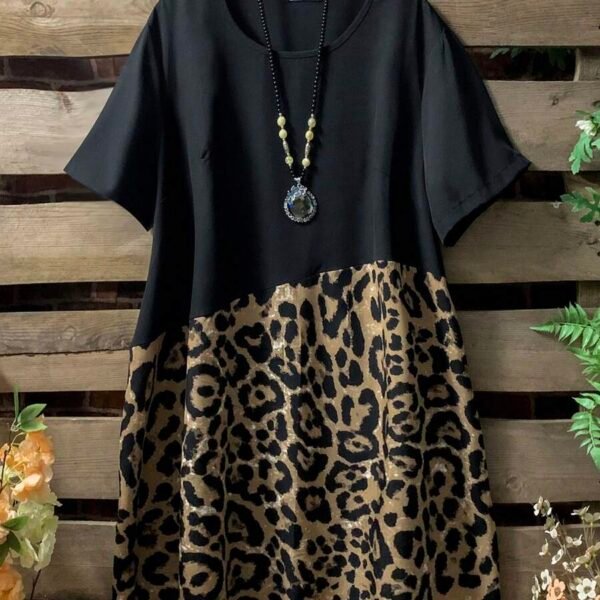 Elorivane Plus Size Women's Leopard Print Round Neck Short Sleeve Splicing Dress, Casual Summer Outfit