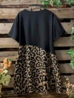 Elorivane Plus Size Women's Leopard Print Round Neck Short Sleeve Splicing Dress, Casual Summer Outfit - Image 2