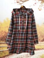 Elorivane Plus Size Women's Brushed Plaid Hooded Pullover Blouse, Mid-Length with Pockets, Casual Elegant Top for Spring, Autumn & New Year Outfits