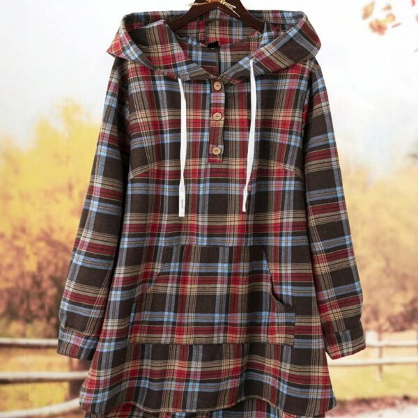 Elorivane Plus Size Women's Brushed Plaid Hooded Pullover Blouse, Mid-Length with Pockets, Casual Elegant Top for Spring, Autumn & New Year Outfits