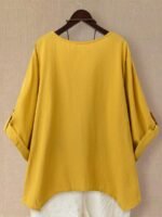 Elorivane Plus Size Women's Rust Orange 100% Cotton Linen Long Sleeve Blouse, Asymmetrical Hem Smart Casual Top for Summer Vacation, Business & Wedding Occasions - Image 2