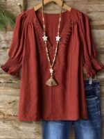 Elorivane Plus Size Women's Bohemian Linen Blend Blouse, 3/4 Sleeve Ruffle Collar Elegant Casual Daily Wear Top - Image 5