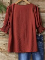 Elorivane Plus Size Women's Bohemian Linen Blend Blouse, 3/4 Sleeve Ruffle Collar Elegant Casual Daily Wear Top - Image 2