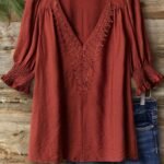 Elorivane Plus Size Women's Bohemian Linen Blend Blouse, 3/4 Sleeve Ruffle Collar Elegant Casual Daily Wear Top