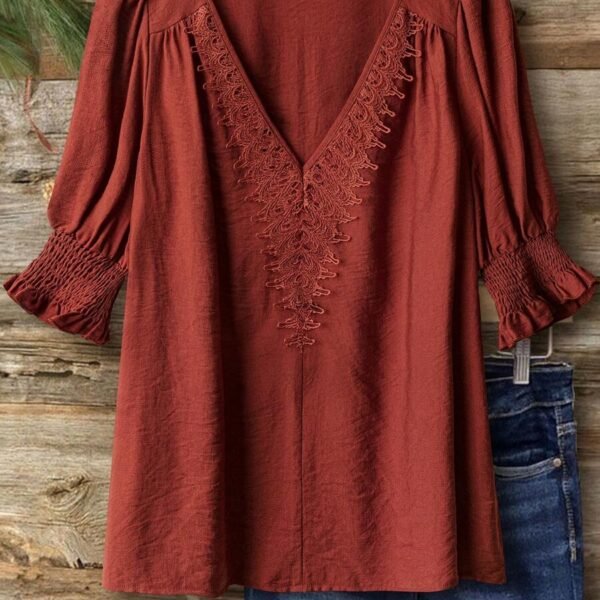 Elorivane Plus Size Women's Bohemian Linen Blend Blouse, 3/4 Sleeve Ruffle Collar Elegant Casual Daily Wear Top