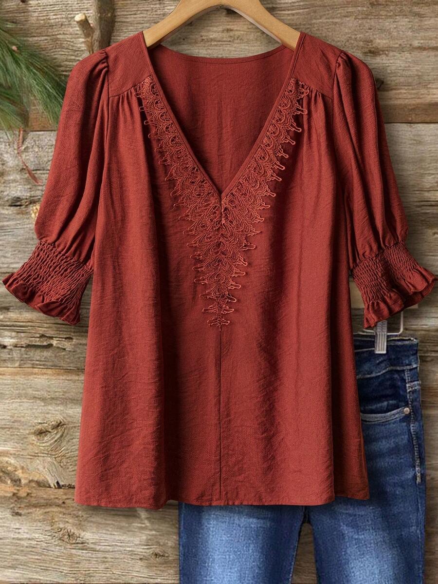 174306302320b9cc61befd3dd176fc72dd1a68b10c_thumbnail_900x Elorivane Plus Size Women's Bohemian Linen Blend Blouse, 3/4 Sleeve Ruffle Collar Elegant Casual Daily Wear Top - Image 1