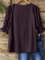 Elorivane Plus Size Women's Bohemian Linen Blend Blouse, 3/4 Sleeve Ruffle Collar Elegant Casual Daily Wear Top - Image 7