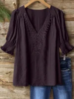 Elorivane Plus Size Women's Bohemian Linen Blend Blouse, 3/4 Sleeve Ruffle Collar Elegant Casual Daily Wear Top - Image 8