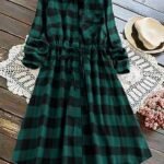 Elorivane Plus Size Women's Gingham Plaid Collar Long Sleeve Shirt Dress, Drawstring Waist Button Down Casual Midi Dress for Daily Wear & Autumn Outfit