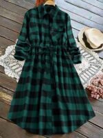 Elorivane Plus Size Women's Gingham Plaid Collar Long Sleeve Shirt Dress, Drawstring Waist Button Down Casual Midi Dress for Daily Wear & Autumn Outfit