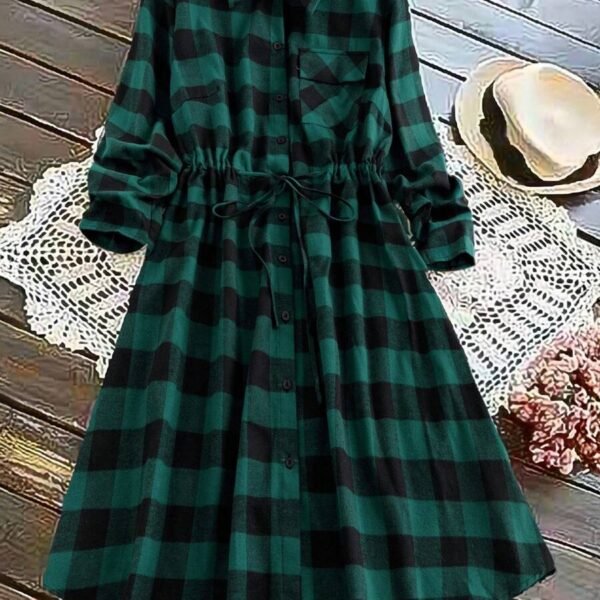 Elorivane Plus Size Women's Gingham Plaid Collar Long Sleeve Shirt Dress, Drawstring Waist Button Down Casual Midi Dress for Daily Wear & Autumn Outfit