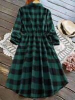 Elorivane Plus Size Women's Gingham Plaid Collar Long Sleeve Shirt Dress, Drawstring Waist Button Down Casual Midi Dress for Daily Wear & Autumn Outfit - Image 2