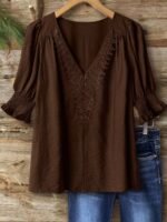 Elorivane Plus Size Women's Bohemian Linen Blend Blouse, 3/4 Sleeve Ruffle Collar Elegant Casual Daily Wear Top - Image 10