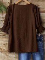 Elorivane Plus Size Women's Bohemian Linen Blend Blouse, 3/4 Sleeve Ruffle Collar Elegant Casual Daily Wear Top - Image 11